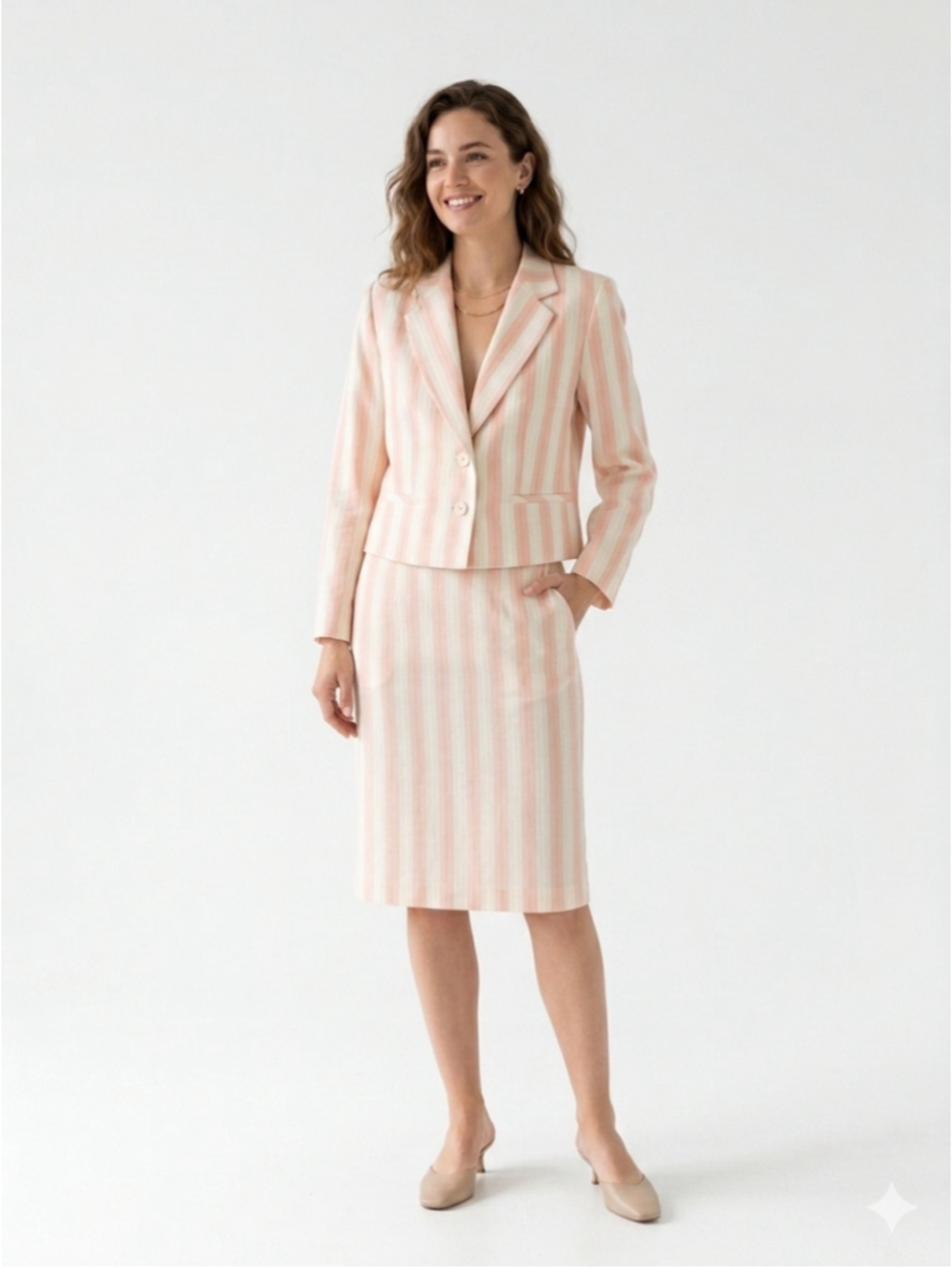 Women's Vintage Garey Petites Striped Blazer Skirt Suit Set Pink Cream Size 8P